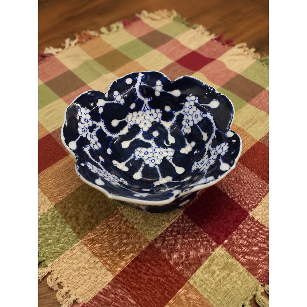 Vintage Japanese Cobalt Flow Blue Cherry Blossom Scalloped Porcelain Bowl
